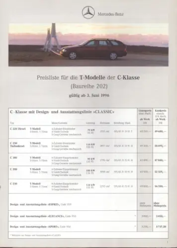 Mercedes-Benz C-Klasse T-Modelle Preistliste 6.1996