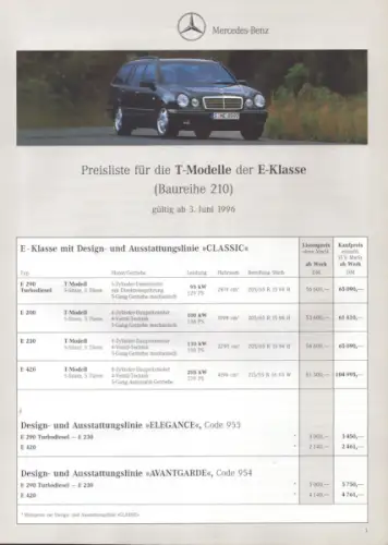 Mercedes-Benz E-Klasse T-Modelle Preisliste 6.1996