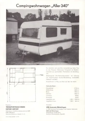 IFA Wohnwagen Aller 340 Prospekt 1988