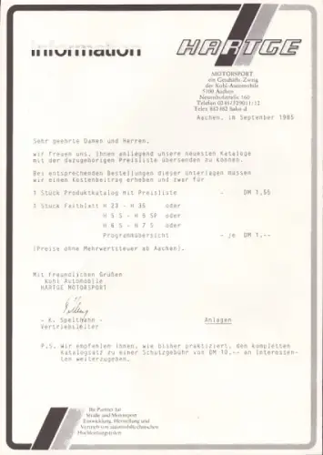 BMW Hartge Programm-Mappe 9.1985
