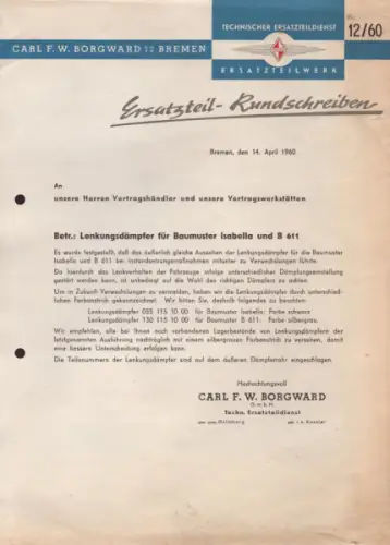 Borgward Ersatzteil Rundschreiben 12/60 14.4.1960