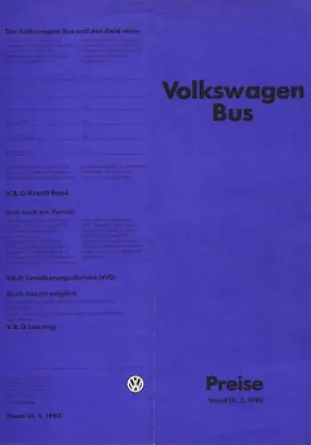 VW T 3 Bus Preisliste 3.1980