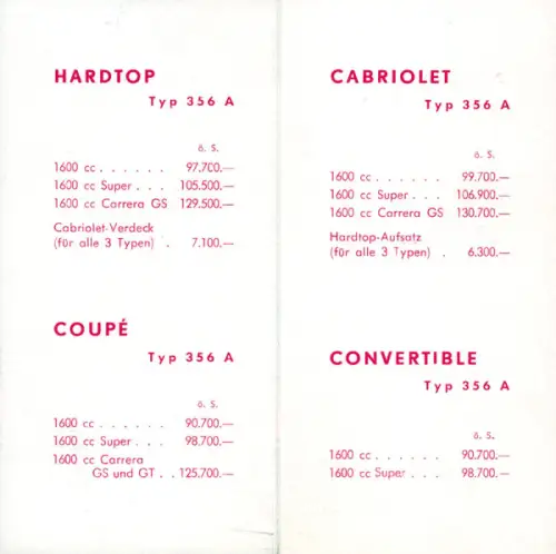 Porsche 356 A Preisliste 1.1959
