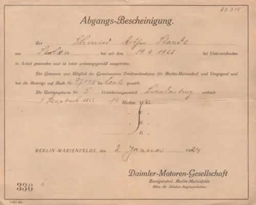 DMG Berlin-Marienfelde Abgangs-Bescheinigung 1924