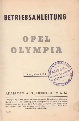 Opel Olympia Bedienungsanleitung 8.1939