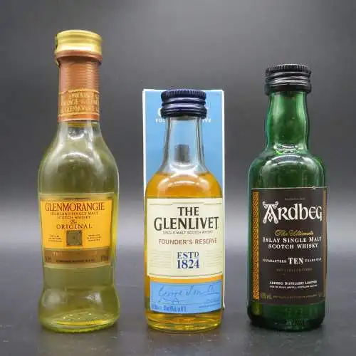 Single Malt Miniaturen tasting set. Glenlivet, Glenmorangie 10 jahre, Arbeg Ten.