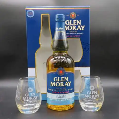 Glen Moray Elgin Classic Speyside peated single malt Whisky 2 Gläser Geschenkset