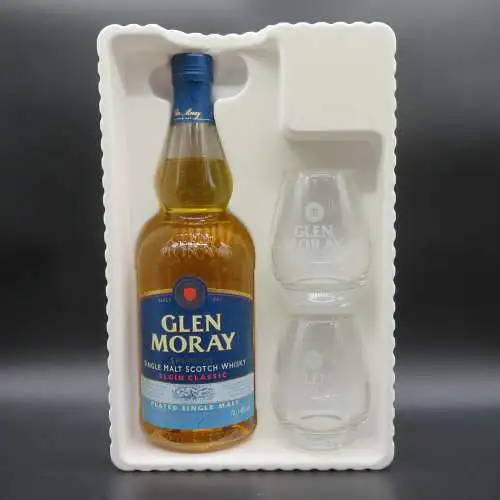 Glen Moray Elgin Classic Speyside peated single malt Whisky 2 Gläser Geschenkset