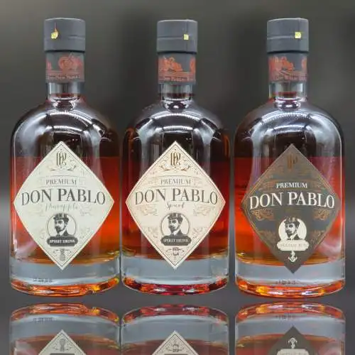 3x DON PABLO Premium 40% Rum, Pineapple +Spiced dark Rum of Guyana and Jamaica.