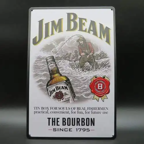 Jim Beam White Label Real Fishermen Retro Blechschild Nostalgie look 20x30cm.