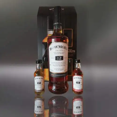 Bowmore No1 Vaults Single Malt 12 Jahre + No1+15 Jahre Miniaturen im Geschenkbox