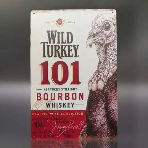 Wild Turkey 101 Kentucky Straight Bourbon Retro Blechschild Nostalgielook20x30cm