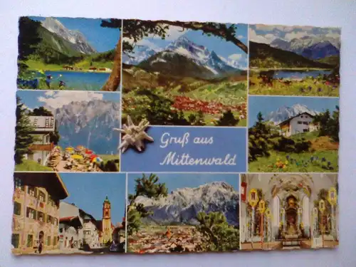 Mittenwald - Gruß aus Mittenwald (gegen Wettersteingebirge) Mehrbildkarte (Lautersee, Ferchensee, Kranzberghaus, St. Anton, Pfarrkirche, Dorfstraße) gelaufen (Ansichtskarte)