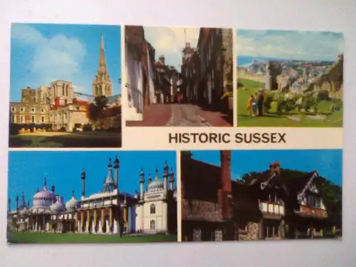 Sussex Historic Sussex England (Mehrbildkarte = Cathedra Chichesterl, Keere Street Lewes, Castle Hastings, Royal Pavilion Brighton, Tudor Cottages Rottingdean) Ansichtskarte (1984 gelaufen)