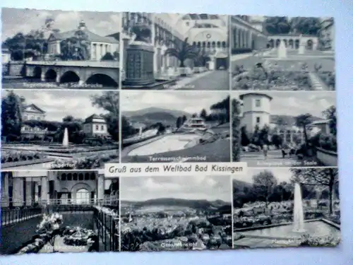 Bad Kissingen - Gruß aus dem Weltbad Bad Kissingen - Mehrbildkarte Wandelhalle Kurgarten Rosengarten Terrassenschwimmbad Trinkkuranlage Neue Anlage Regentenbau mit Saalebrücke Ruheplätze an der Saale Gesamtansicht (1960 gelaufen) Ansichtskarte