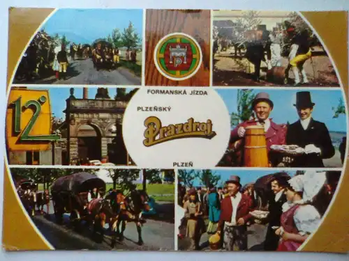Pilsen Plzen - Formanska jizda Plzensky Prazdroj - Kutsche Kutschen Pferd Pferde Pferdekutsche Pferdekutschen etc. - Mehrbildkarte Tschechien (zu DDR-Zeiten gelaufen, aber inzwischen ohne Briefmarke) Ansichtskarte