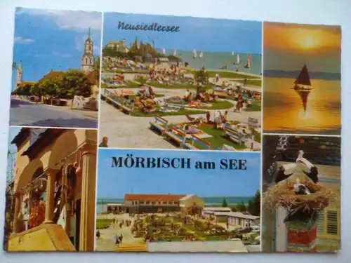 Mörbisch am See - Neusiedlersee - Strandbad Storch Stoerche Störche Segelboot etc. Mehrbildkarte - Moerbisch Burgenland Österreich (1979 gelaufen) Ansichtskarte