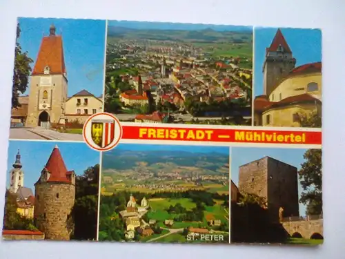 Freistadt - Mühlviertel Muehlviertel - Mittelalterliche Stadt mit Befestigungsanlagen - Mehrbildkarte Luftaufnahme St. Peter etc. - Oberösterreich Österreich (1981 gelaufen, aber inzwischen ohne Briefmarke) Ansichtskarte