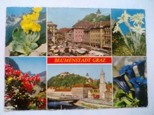 Graz - Blumenstadt Graz - Enzian Edelweiß Almrausch etc. Mehrbildkarte - Steiermark Österreich (vor 1994 gelaufen, aber inzwischen ohne Briefmarke) Ansichtskarte