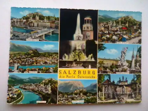 Salzburg, die Perle Österreichs – Staatsbrücke Cafe Winkler Altstadt Mirabellgarten von Mülln gegen Süden (gelaufen, aber inzwischen ohne Briefmarke) Ansichtskarte