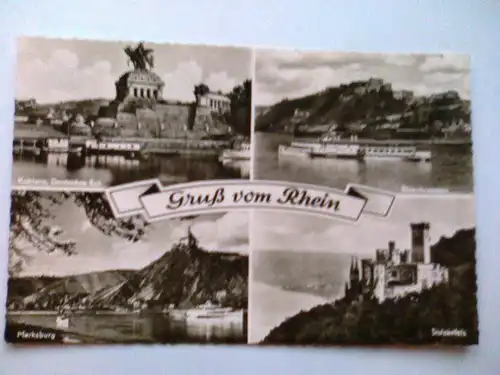 Rhein - Gruß vom Rhein - Koblenz Ehrenbreitstein Marksburg Stolzenfels Schiff etc. - Rheinland-Pfalz Mehrbildkarte (gelaufen) Ansichtskarte