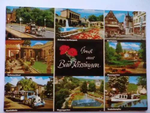 Bad Kissingen - Gruß aus Bad Kissingen - Rosengarten Postkutsche Saaledampfer Kurbaehnle etc. - Bayern Mehrbildkarte (1984 gelaufen) Ansichtskarte
