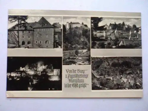 Monschau in der Eifel grüßt - Burg Jugendherberge etc. - Mehrbildkarte - Nordrhein-Westfalen (1957 gelaufen) Ansichtskarte