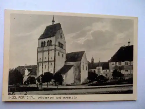 Reichenau - Insel Reichenau - Münster mit Klosteranbau - Bodensee Baden-Württemberg (ungelaufen, klebte in einem Album) Ansichtskarte