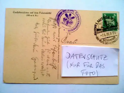 Fohrenbühl - Gedächtnishaus auf dem Fohrenbuehl - Gedaechtnishaus - Baden-Württemberg (1926 gelaufen und mit Stempel Schwarzwaldverein) Ansichtskarte