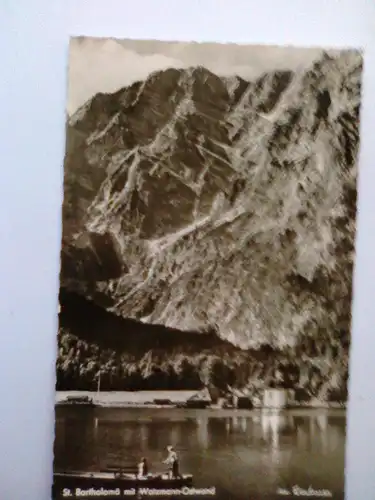 Schönau am Königssee - St. Bartholomä mit Watzmann Ostwand - Boot Ruderboot etc. - St. Bartholomae Schoenau Koenigssee (gelaufen, Eckknick) Ansichtskarte