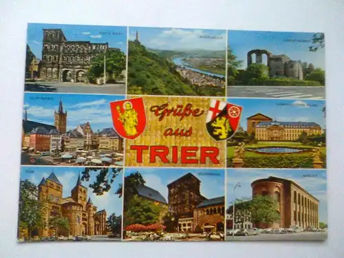 Trier - Grüße aus Trier - Porta Nigra Hauptmarkt Dom Brunnenhof etc. Mehrbildkarte - Rheinland-Pfalz (ungelaufen, klebte aber in einem roten Album) Ansichtskarte