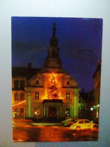 Kulmbach - Rathaus (bei Nacht) - Frohe Weihnacht und viel Glück im Neuen Jahr (vor 1994 gelaufen, Papier der Rückseite rechts leicht beschädigt) Ansichtskarte