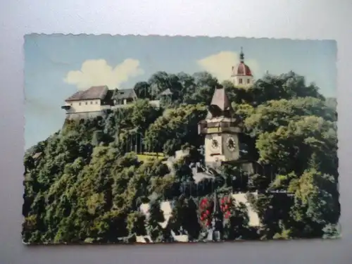 Graz - Schloßberg mit Castell, Uhrturm und Glockenturm - Schlossberg Kastell - Steiermark Österreich (gelaufen, aber inzwischen ohne Briefmarke) Ansichtskarte