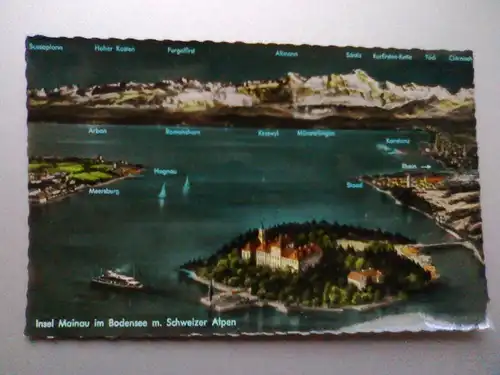 Mainau - Insel Mainau am Bodensee mit Schweizer Alpen - Luftaufnahme Fliegeraufnahme - Baden-Württemberg (ungelaufen, klebte in einem Album) Ansichtskarte