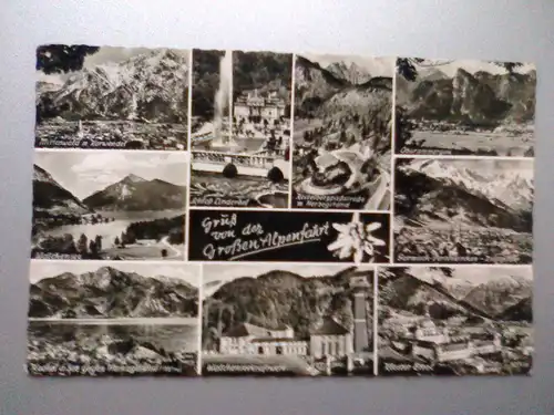 Alpen - Gruß von der Großen Alpenfahrt - Schloß Linderhof etc. Mehrbildkarte von der Grossen Alpenfahrt - Große Alpenfahrt Schloss - Bayern (1957 gelaufen, inzwischen ohne Briefmarke) Ansichtskarte