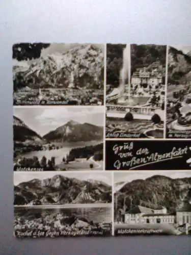 Alpen - Gruß von der Großen Alpenfahrt - Schloß Linderhof etc. Mehrbildkarte von der Grossen Alpenfahrt - Große Alpenfahrt Schloss - Bayern (1957 gelaufen, inzwischen ohne Briefmarke) Ansichtskarte