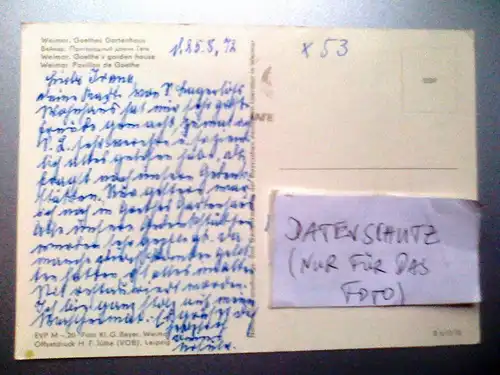 Weimar - Goethes Gartenhaus - Thüringen (1972 gelaufen, inzwischen ohne Briefmarke, Schrift auf Vorderseite) Ansichtskarte