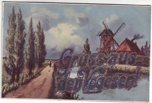 Vogesen - Glitzer AK Gruss aus den Vogesen - Windmühle Glitzerkarte Frankreich (ca. 1917 beschrieben) AK Ansichtskarte