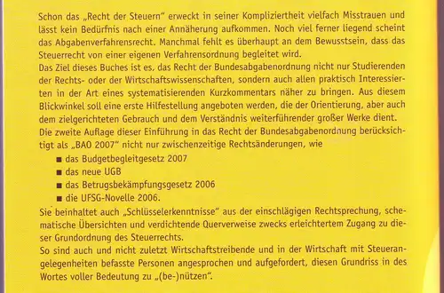 Tanzer, Michael; Unger, Peter: BAO 2007 - Einführung und Kurzkommentar zur Bundesabgabenordnung (mit zahlreichen höchstgerichtlichen Erkenntnissen). 