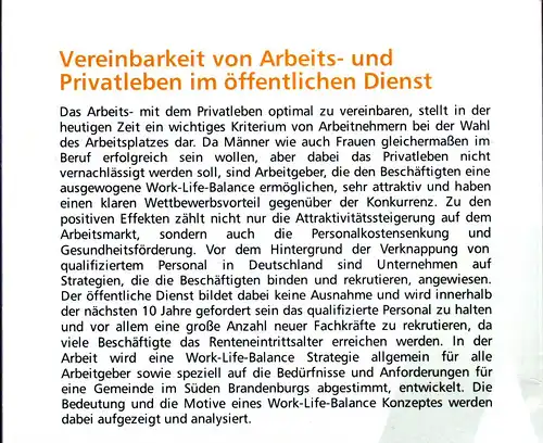Girndt, Mandy: Vereinbarkeit von Arbeits- und Privatleben im öffentlichen Dienst - Eine Work-Life-Balance Strategie für eine Gemeinde (Arbeitsleben etc.). 