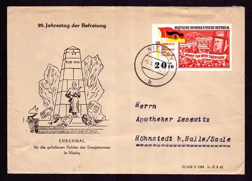 DDR Brief von NIESKY nach Höhnstedt gest. 8.5.65 mit Mi.1105 - Befreiung v. Faschismus - Ehrendenkmal