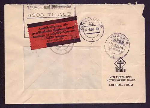 DDR Brief ZKD von THALE - Quedlinburg nach Freiberg - 17.6.68 mit Freistempel von VEB Eisen- und Hüttenwerke Thale, rückseitig mit Ankunftsstempel; mit Aufkleber Aushändigung als gewöhnliche Postsendung !