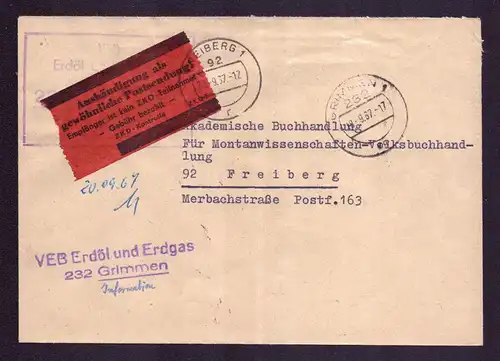 DDR Brief ZKD von GRIMMEN nach Freiberg - 18.9.67 mit Freistempel von VEB Erdöl und Erdgas Grimmen, rückseitig mit Ankunftsstempel