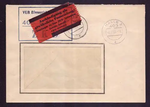DDR Brief ZKD von Halle nach Freiberg - 3.7.68 mit Freistempel von VEB Binnenhäfen "Saale" Halle, rückseitig mit Ankunftsstempel