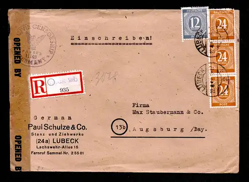 All.Bes. Einschreibe-Brief von LÜBECK nach Augsburg - 22.4.47 mit Mi. 920, 925 von Stanz- und Ziehwerke mit Zensur ! + 2 Ankunftsstempeln !