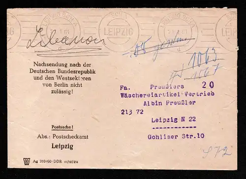 DDR Brief Postsache von LEIPZIG SCHA  - 21.1.61  (Postscheckamt) mit Eindruck: Nachsendung nach der Deutschen Bundesrepublik und den Westsektoren von Berlin nicht zulässig !