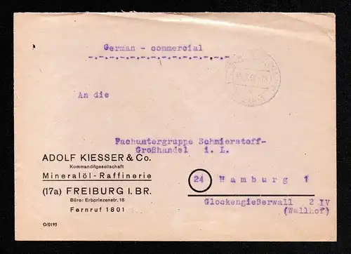 All.Bes. Brief mit Freistempel von FREIBURG (BREISGAU) nach Hamburg - 15.3.46 - BEZAHLT von Mineralöl-Raffinierie