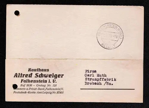 All.Bes. Postkarte mit Freistempel von FALKENSTEIN (VOGTL) nach Drebach - 12.11.45 - BEZAHLT