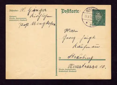 DR Postkarte P181 von MENGKOFEN nach Straubing - 17.8.31 