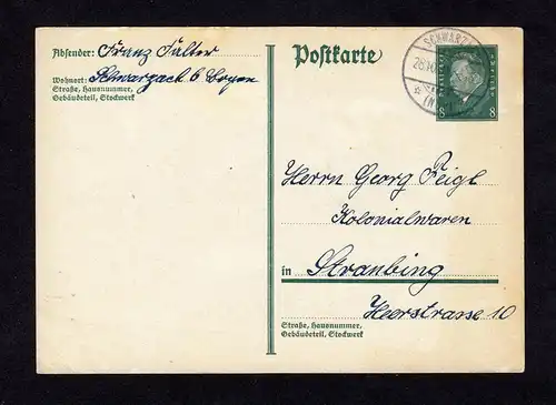 DR Postkarte P181 von SCHWARZACH nach Straubing - 20.10.31